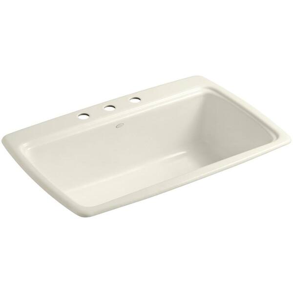 KOHLER Cape Dory Drop-In Cast-Iron 33 in. 3-Hole Single Bowl Kitchen Sink in Biscuit