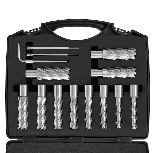 13 Pc Annular Cutter Set, Weldon Shank, 7/16-1-1/16 in. Diameter, 2 in. Depth, M2AL HSS, Carbon Steel, Hex Wrench, Case
