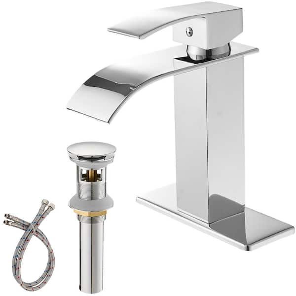 Dimakai Waterfall Single Hole Single-Handle Low-Arc Bathroom Faucet With Pop-up Drain Assembly in Polished Chrome