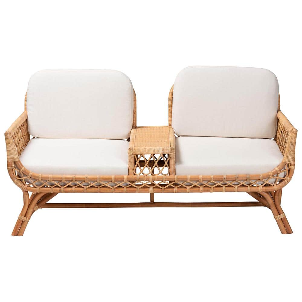 Bohemian Light Honey Rattan Tete-a-Tete Sofa with Removable Cushions