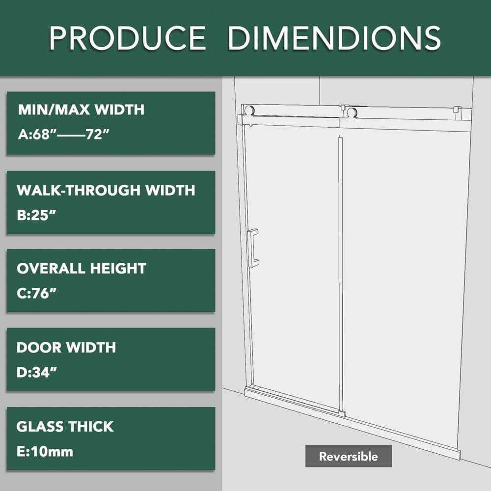 72'' Matte Black Frameless Sliding Shower Door with Clear Glass