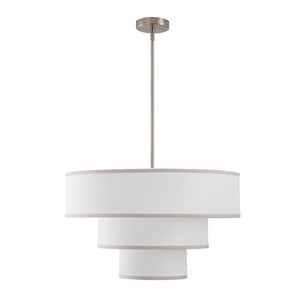 24 in. 5-Light Brushed Nickel Tiered Drum Chandelier with White Farbic Shade