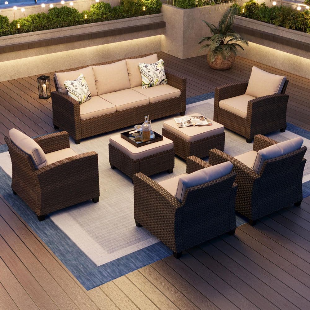 PHI VILLA Brown Rattan Wicker 9 Seat 7-Piece Steel Outdoor Patio