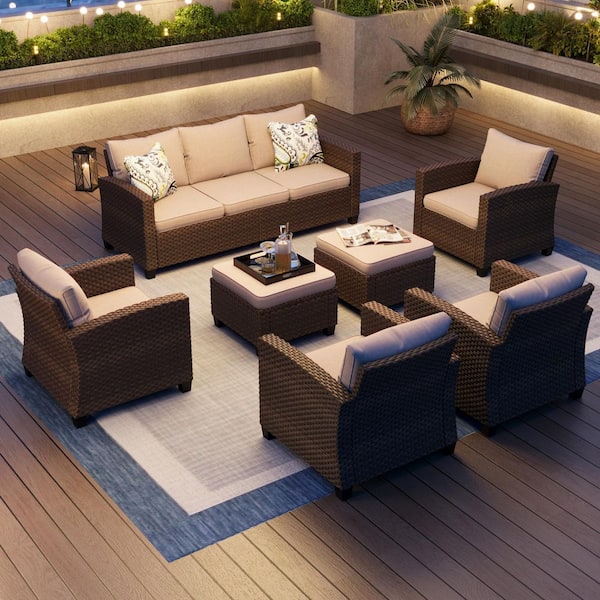 Brown Rattan Wicker 9 Seat 7-Piece Steel Outdoor Patio Conversation Set with Beige Cushions and 2 Ottomans