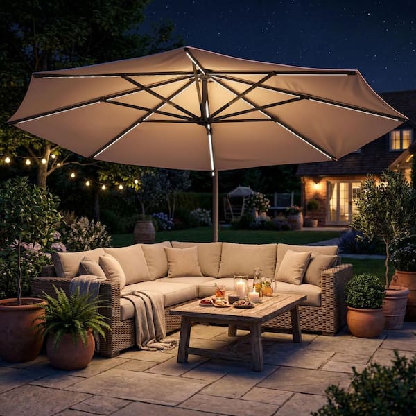 LAZZO 12 ft. Cantilever Patio Umbrella with LED Lights and Base, Aluminum Offset 360 Rotation Umbrella, Champagne ADPUB075LG - The Home Depot LAZZO 12 ft. Cantilever Patio Umbrella with LED Lights and Base, Aluminum Offset 360 Rotation Umbrella, Champagne ADPUB075LG - The Home Depot