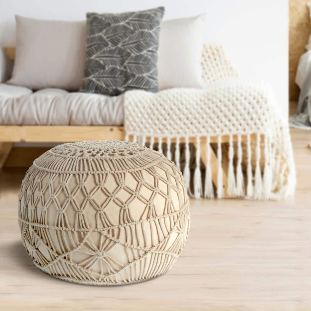 Braided Cotton Bliss Round Pouf in Beige/Natural, 20" x 16"
