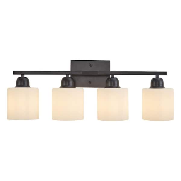 24.8 in. 4-Light Modern Black Bathroom Vanity Wall Light with Frosted Glass Shades