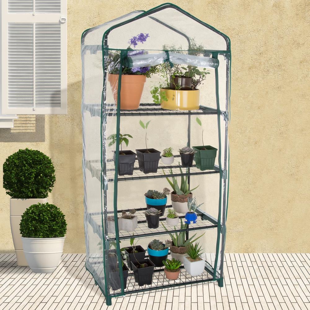 Compact 5' Green Mini Greenhouse with Roll-Up Door and Mesh Shelves