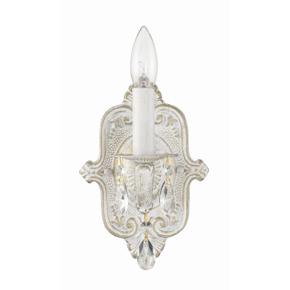 Antique White Wall Sconce with Clear Hand Cut Crystals