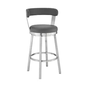 Kobe 30 in. Bar Height Low Back Swivel Bar Stool in Brushed Stainless Steel and Grey Faux Leather