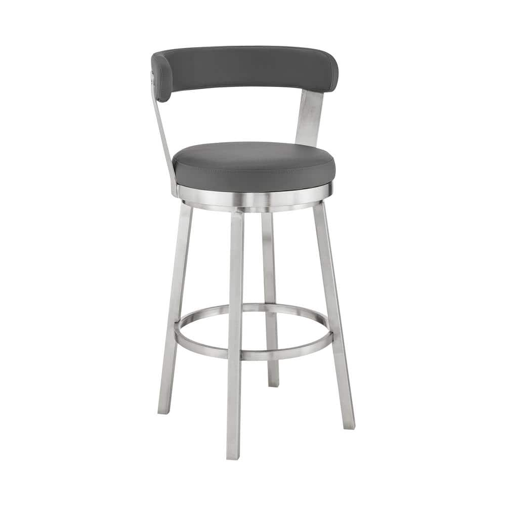 Armen Living Kobe 26 in. Counter Height Low Back Swivel Bar Stool in  Brushed Stainless Steel and Grey Faux Leather 721535761807 - The Home Depot