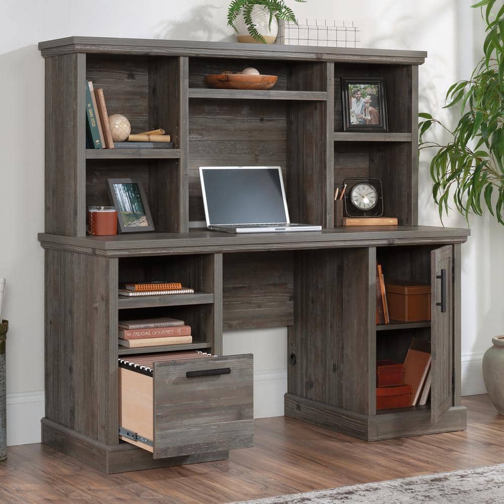 Pebble Pine Farmhouse Computer Hutch with Adjustable Shelves