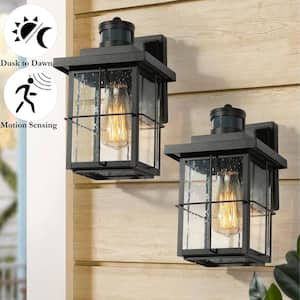 Modern Black Motion Sensing Outdoor Sconce with Seeded Glass Shade, Farmhouse 1-Light Front Door Wall Lantern (2-Pack)