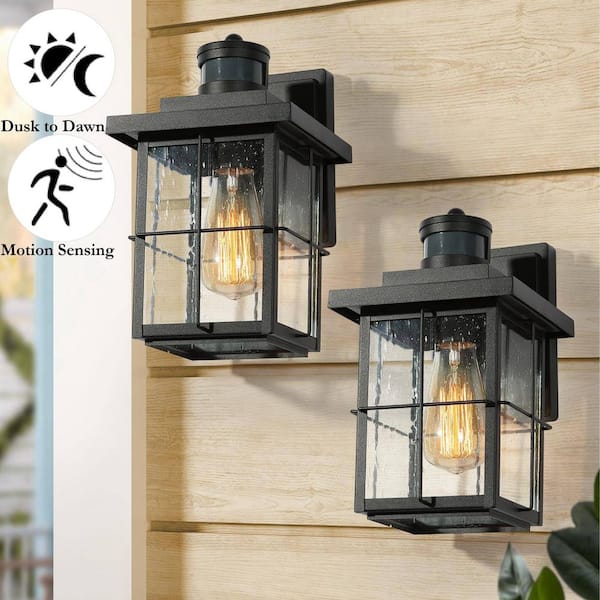 Modern Black Motion Sensing Outdoor Sconce with Seeded Glass Shade, Farmhouse 1-Light Front Door Wall Lantern (2-Pack)