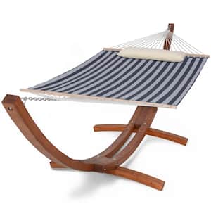 Textilene 2-Person Hammock with 13.7 ft. Wooden Curved Arc Stand in Blue Stripe