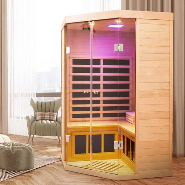 Deluxe 2-Person Hemlock Corner Far Infrared Sauna with Panoramic Glass Front, 7 Heating Panels, LED & Bluetooth Control