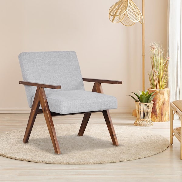 FORCLOVER Gray Cushion Accent Chair with Solid Acacia Wood Frame
