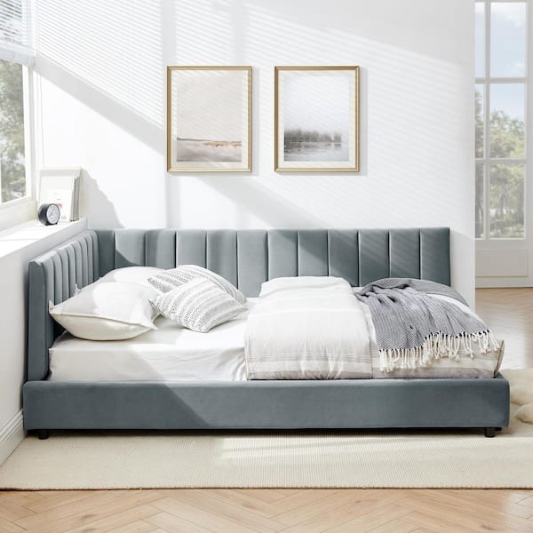 Velvet Upholstered Gray Wood Frame Full Size Platform Bed with Backrest and Armrest