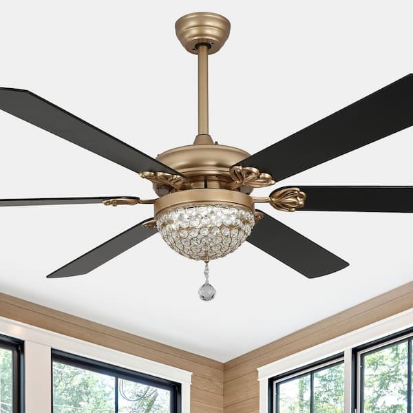Bella Depot Tiffany 65 in. Indoor Black Dimmable Crystal Ceiling Fan with LED Lights and Remote, 6-speed Reversible Ceiling Fan