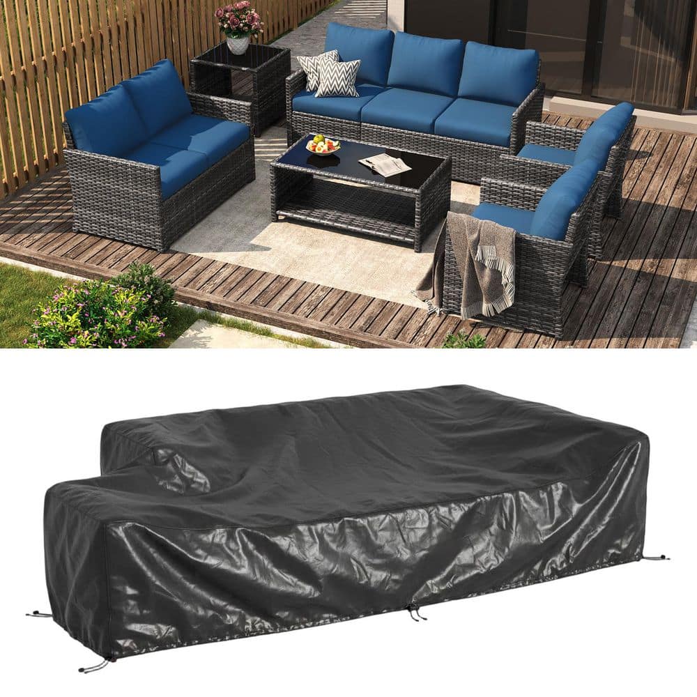 7 -Piece Outdoor Wicker Conversation Set Patio Furniture Set with Cover and 2-Tables, Dark Blue Cushions