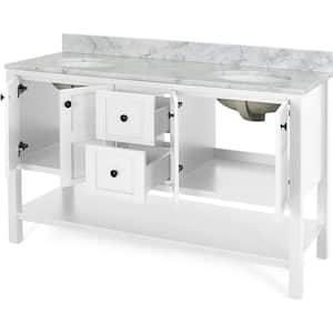 61 in. W x 22 in. D x 40 in. H Double Sink Freestanding Bath Vanity in White with White Marble Top and Storage Cabinet