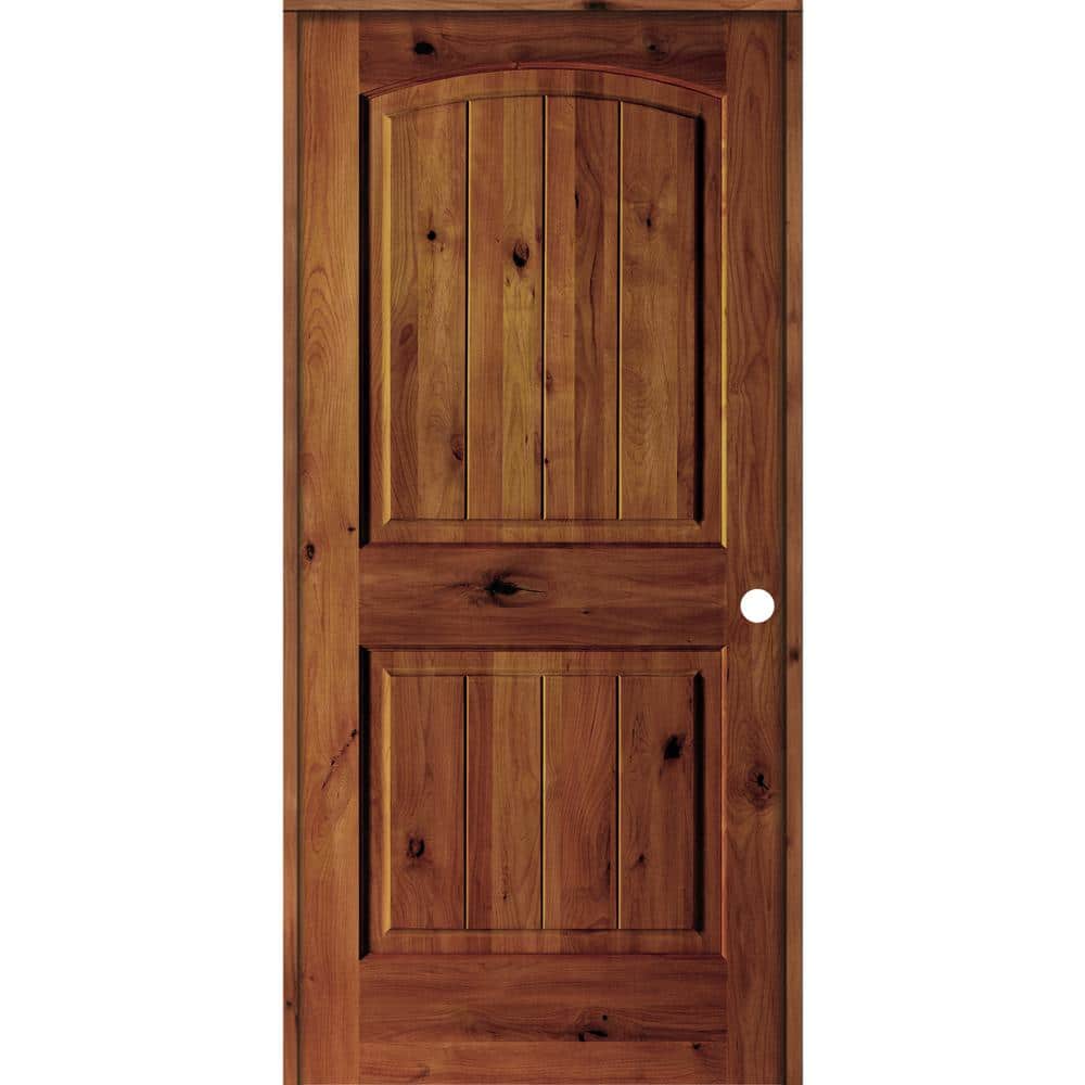 EMOH 28 in. x 80 in. Knotty Alder 2 Panel Left-Hand Arch V-Groove Red ...
