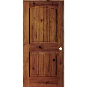 28 in. x 80 in. Knotty Alder 2 Panel Left-Hand Arch V-Groove Red Chestnut Stain Solid Wood Single Prehung Interior Door