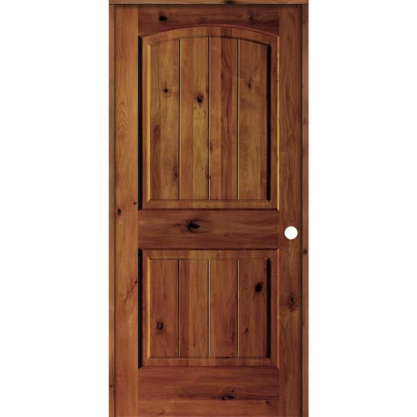 28 in. x 80 in. Knotty Alder 2 Panel Left-Hand Arch V-Groove Red Chestnut Stain Solid Wood Single Prehung Interior Door