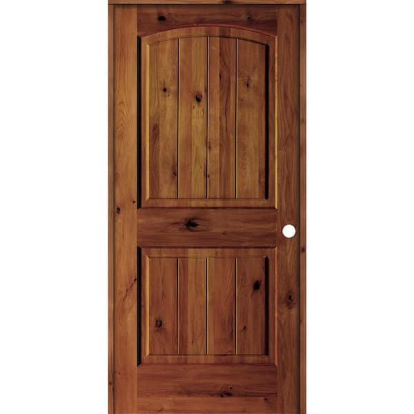 EMOH 32 in. x 80 in. Knotty Alder 2 Panel Left Hand Arch V Groove