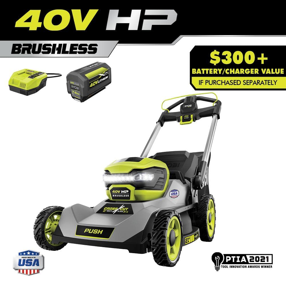 RYOBI 40V HP Brushless 21 in. Battery Walk Behind Lawn Mower with 7.5 Ah Battery and Rapid Charger RY401200 - The Home