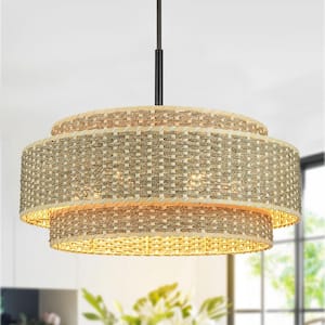 Orion 26 in. 6-Light Seagrass Chandelier Pendant with 3-Tiered Rattan Shade, Adjustable for Coastal and Farmhouse Decor