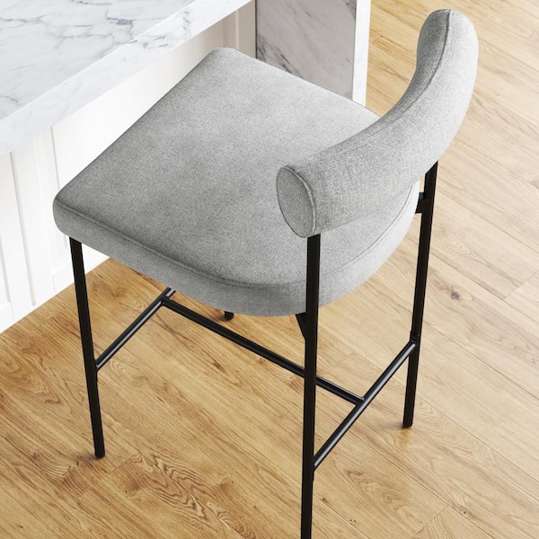 Dahlia 26 in. Mid-Century Modern Black Metal Counter Height Bar Stool with Low Back and Light Gray Fabric Seat, Set of 2