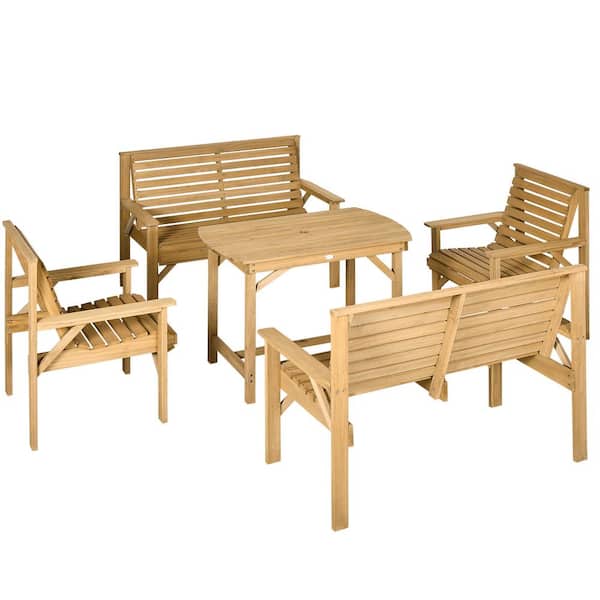 ITOPFOX 5-Piece Wood Outdoor Dining Set for 6 with 2 Armchairs, 2 Loveseats, and Dining Table with Umbrella Hole in Light Brown