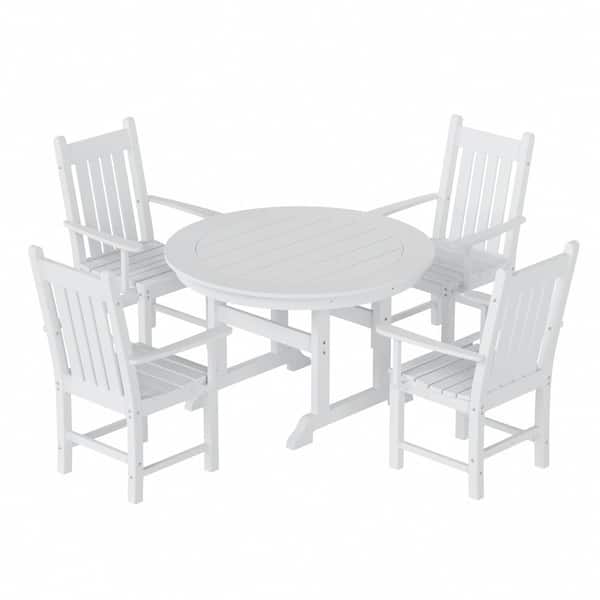 WESTIN OUTDOOR Hayes 5-Piece HDPE Plastic All Weather Outdoor Patio Round Trestle Table Dining Set with Arm Chairs in White