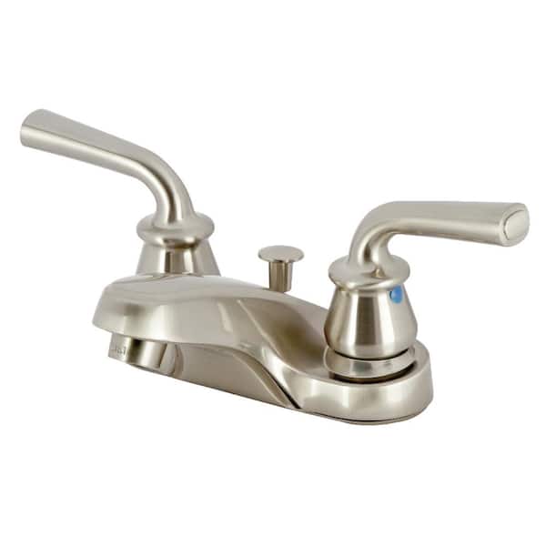 Kingston Brass Restoration 4 in. Centerset 2-Handle Bathroom Faucet with Plastic Pop-Up in Brushed Nickel