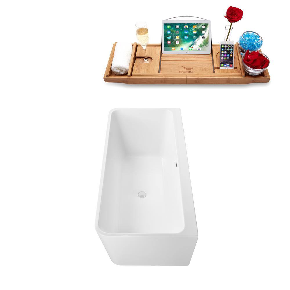 67" Glossy White Acrylic Freestanding Soaking Tub with Bamboo Tray