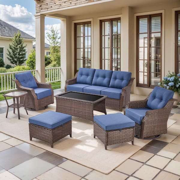 Modern Farmhouse 7-Piece Brown Wicker Patio Conversation Set with 6 In. Blue Cushions/Swivel Chairs with Coffee Table