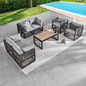 7-Piece Wicker Patio Conversation Deep Seating Set with Gray Cushions