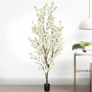 8.5 ft. Cream White Artificial Cherry Blossom Flower Tree in Pot