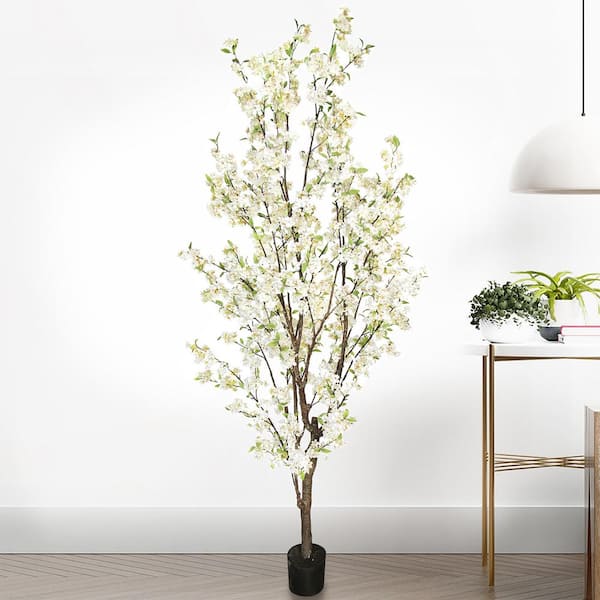 Unbranded 8.5 ft. Cream White Artificial Cherry Blossom Flower Tree in Pot