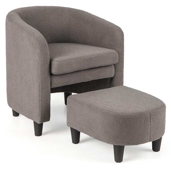 Gymax Gray Soft Teddy Velvet Modern Barrel Chair with Footrest Anti-slip Felt Pads