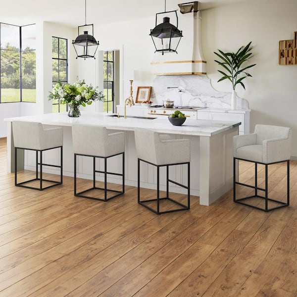 LUE BONA Hampton 30 in. Beige Gray Modern Linen Upholstered Bar Stool Square Metal Frame Counter Height Bar Stool (Set of 4)