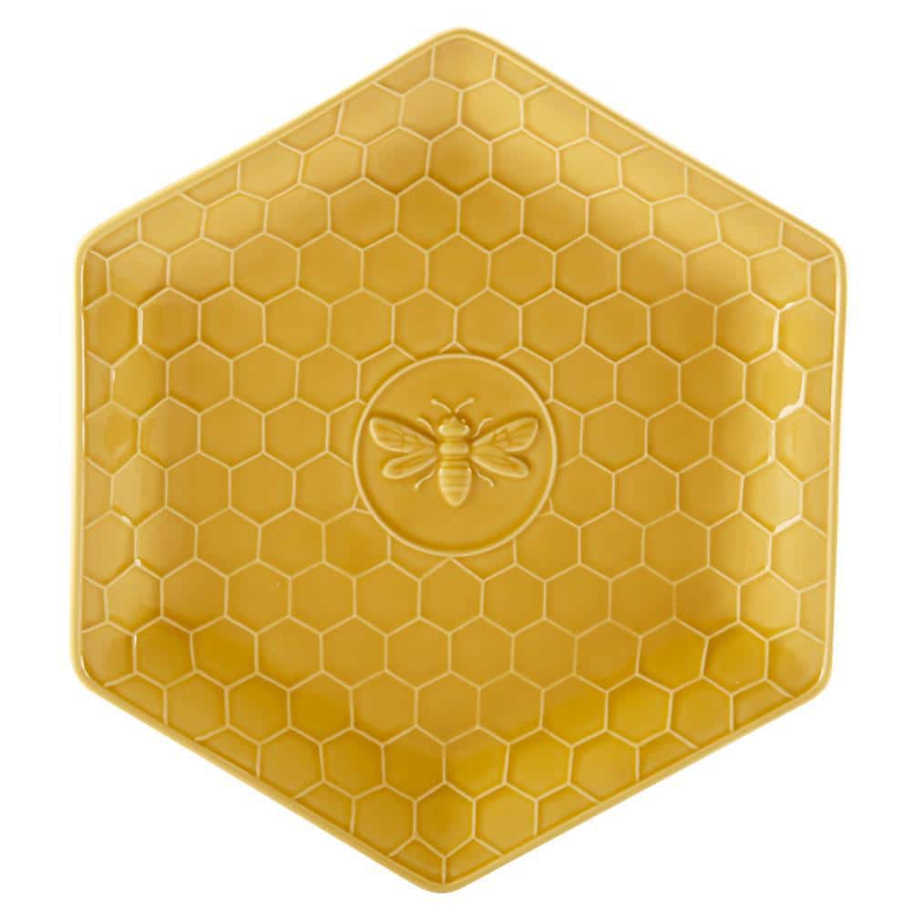 Yellow Embossed Honeycomb Ceramic Dinner Plates, Set of 4