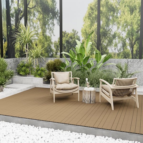 1 ft. x 1 ft. x 0.8 in. Waterproof Slat Composite Deck Tile 10-Pieces for Patio Garden Poolside in Timber (10 sq. ft.)