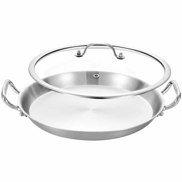 12 in. Tri-Ply Stainless Steel Paella Skillet with Glass Lid, Oven Safe to 500°F, Induction Compatible