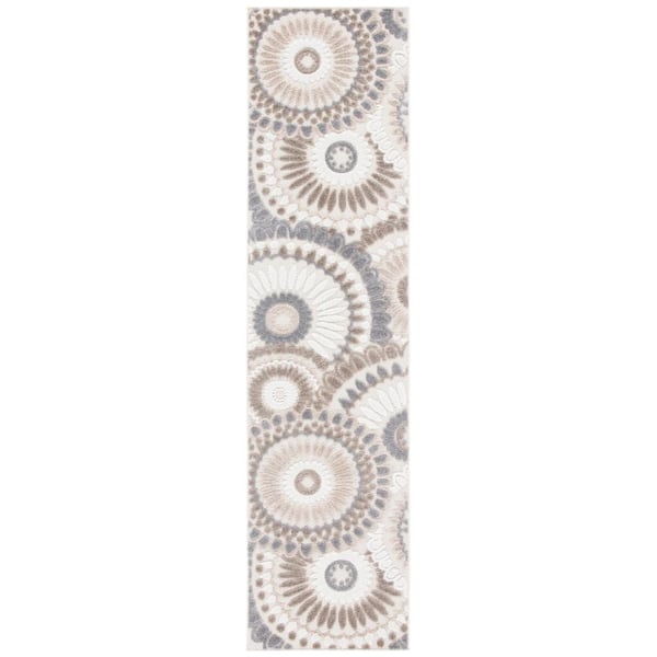 Cabana 2 ft. x 15 ft. Gray/Ivory Medallion Floral Indoor/Outdoor Runner Rug