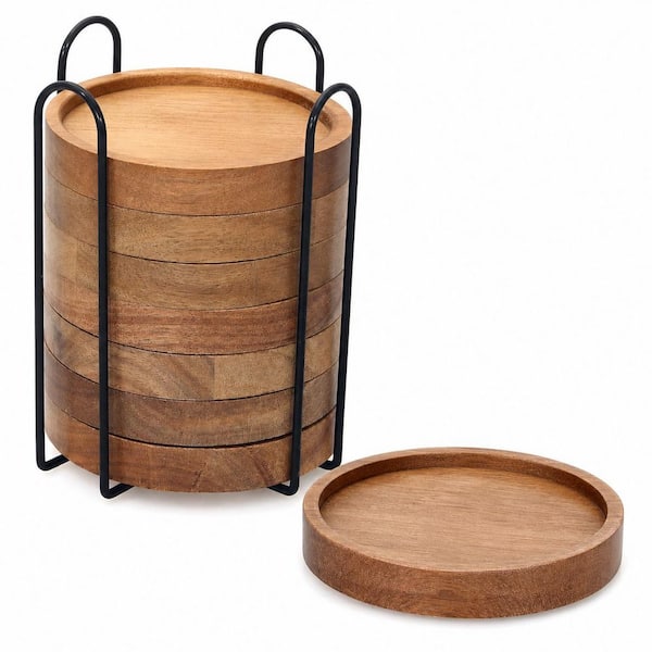Anqtovp Set of 8 Farmhouse Series Acacia Wood Coasters with Holder