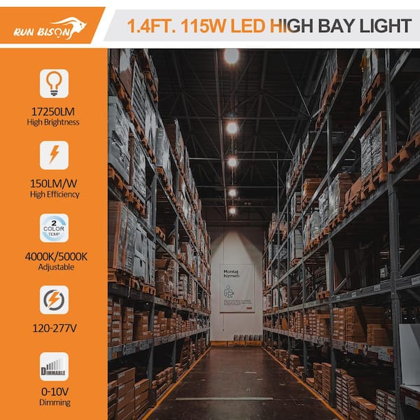 RUN BISON 1.4 ft. 200-Watt Equivalent 17,000 Lumens Integrated LED Dimmable White Linear High Bay Light 120-277 Volt 4000K/5000K