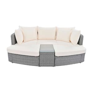 6-Piece Wicker Patio Outdoor Conversation Round Sofa Set with Beige Cushions and Coffee Table for Poolside