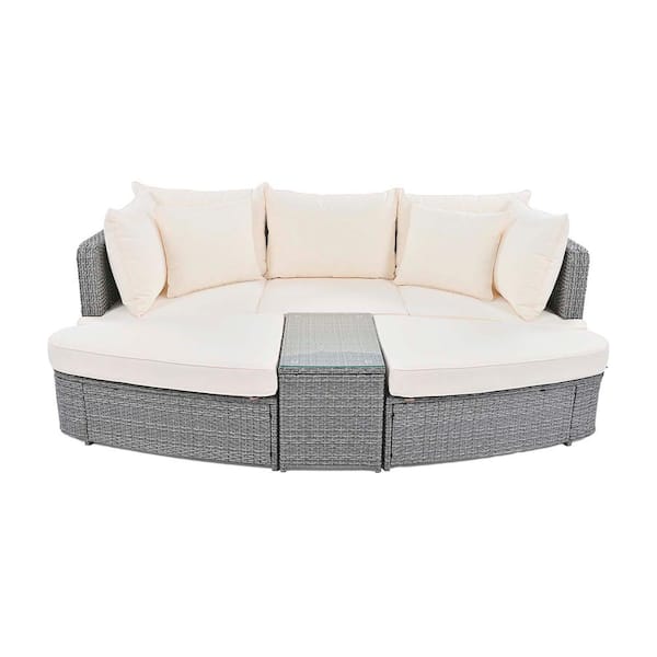 6-Piece Wicker Patio Outdoor Conversation Round Sofa Set with Beige Cushions and Coffee Table for Poolside